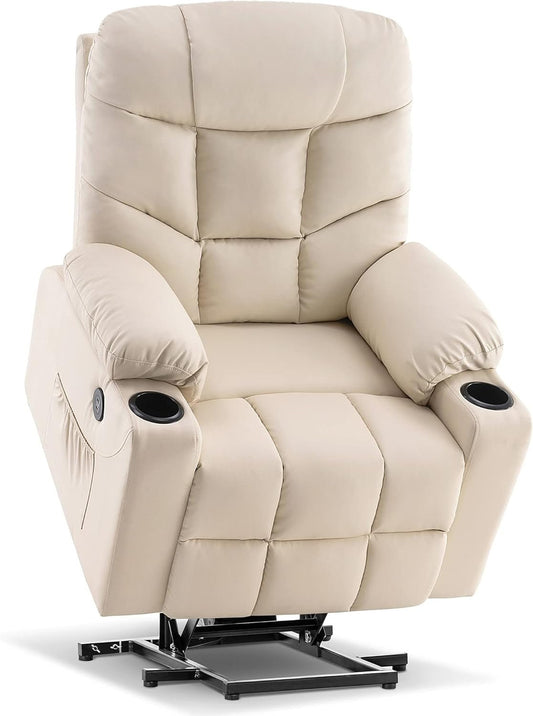 Power Lift Recliner Chair, 2 Cup Holders, USB Ports for Elderly People, Faux Leather 7288 (Cream White, Medium - Regular) - Shellcreations
