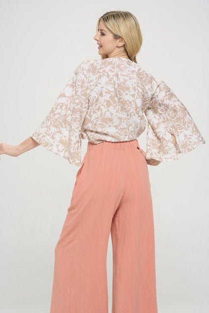 Print Crinkle V neck 3/4 Sleeve Wrap Top with Tie - Shellcreations