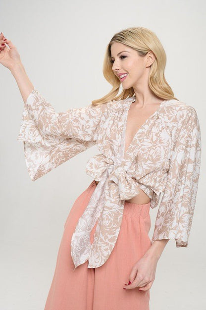 Print Crinkle V neck 3/4 Sleeve Wrap Top with Tie - Shellcreations