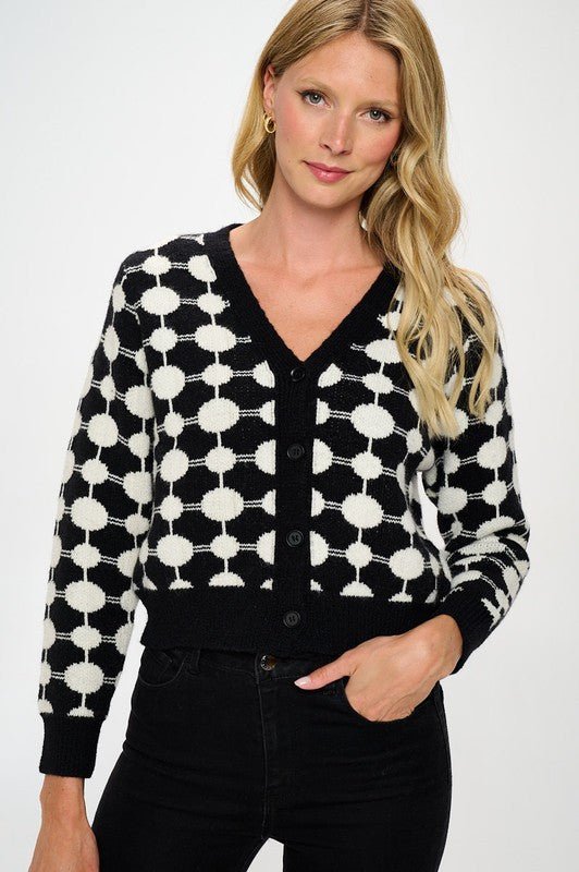 Print Knit Open Front Mini Cardigan with Buttons - Shellcreations