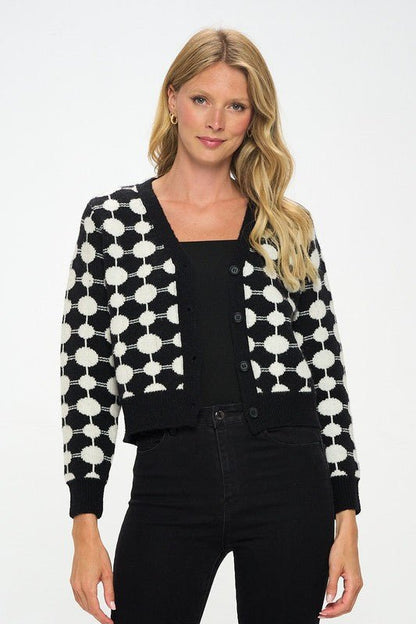 Print Knit Open Front Mini Cardigan with Buttons - Shellcreations