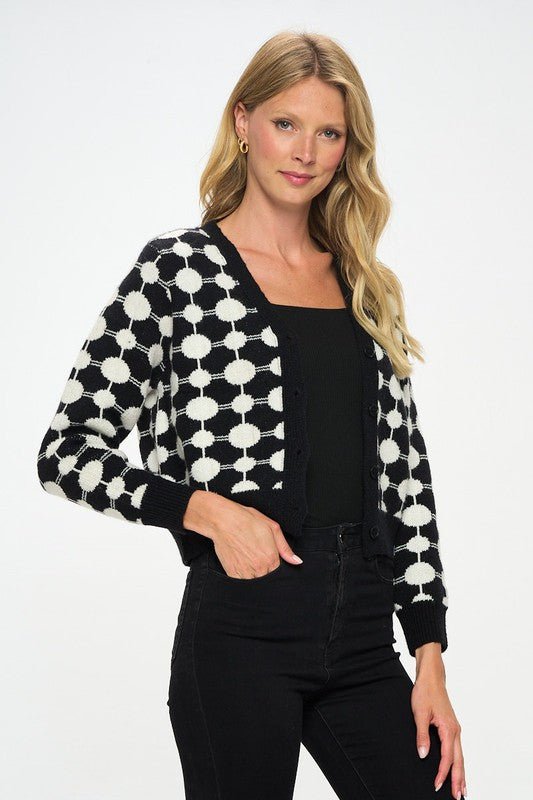 Print Knit Open Front Mini Cardigan with Buttons - Shellcreations