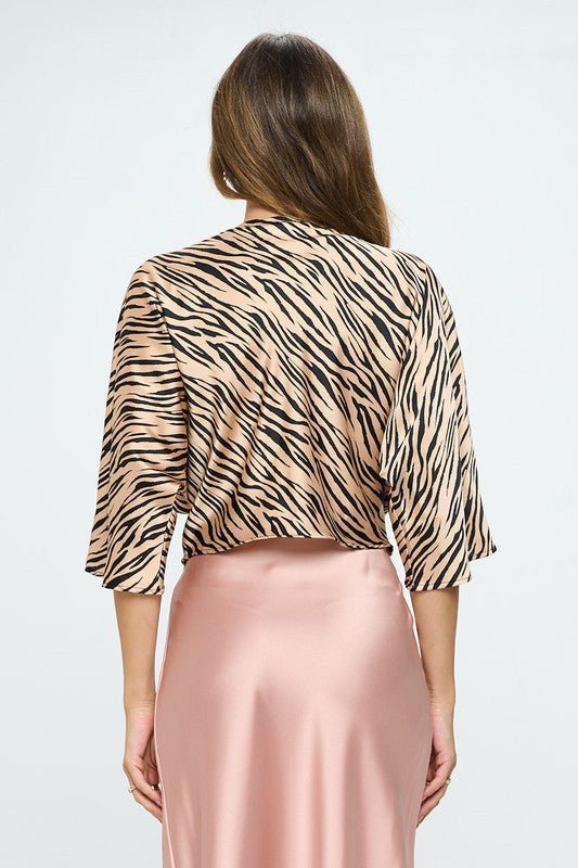 Print Satin Short Sleeve Top with Front Twist - Shellcreations