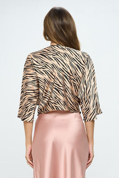 Print Satin Short Sleeve Top with Front Twist - Shellcreations