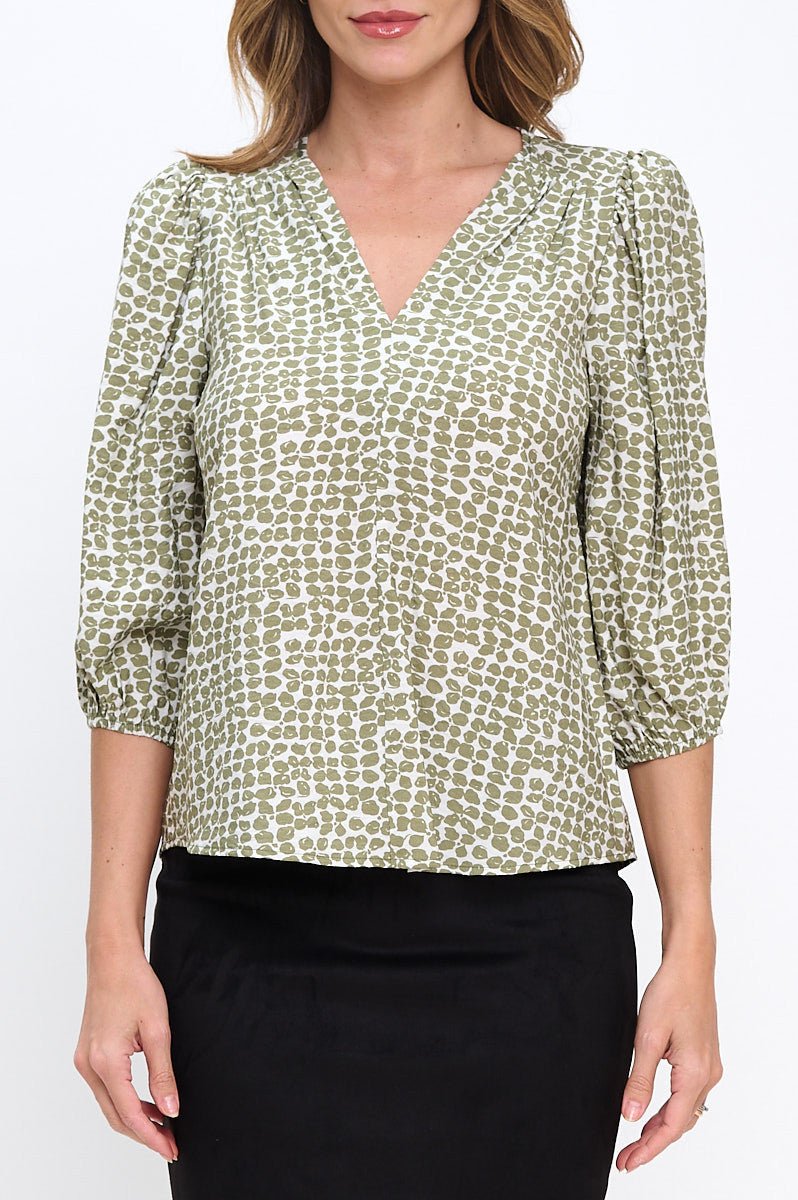 Print V neck 3/4 Sleeve Top - Shellcreations
