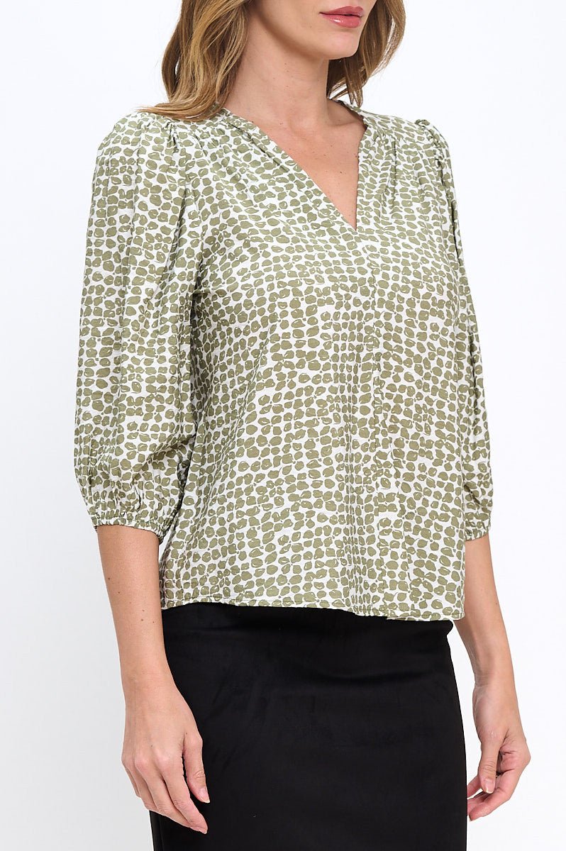 Print V neck 3/4 Sleeve Top - Shellcreations
