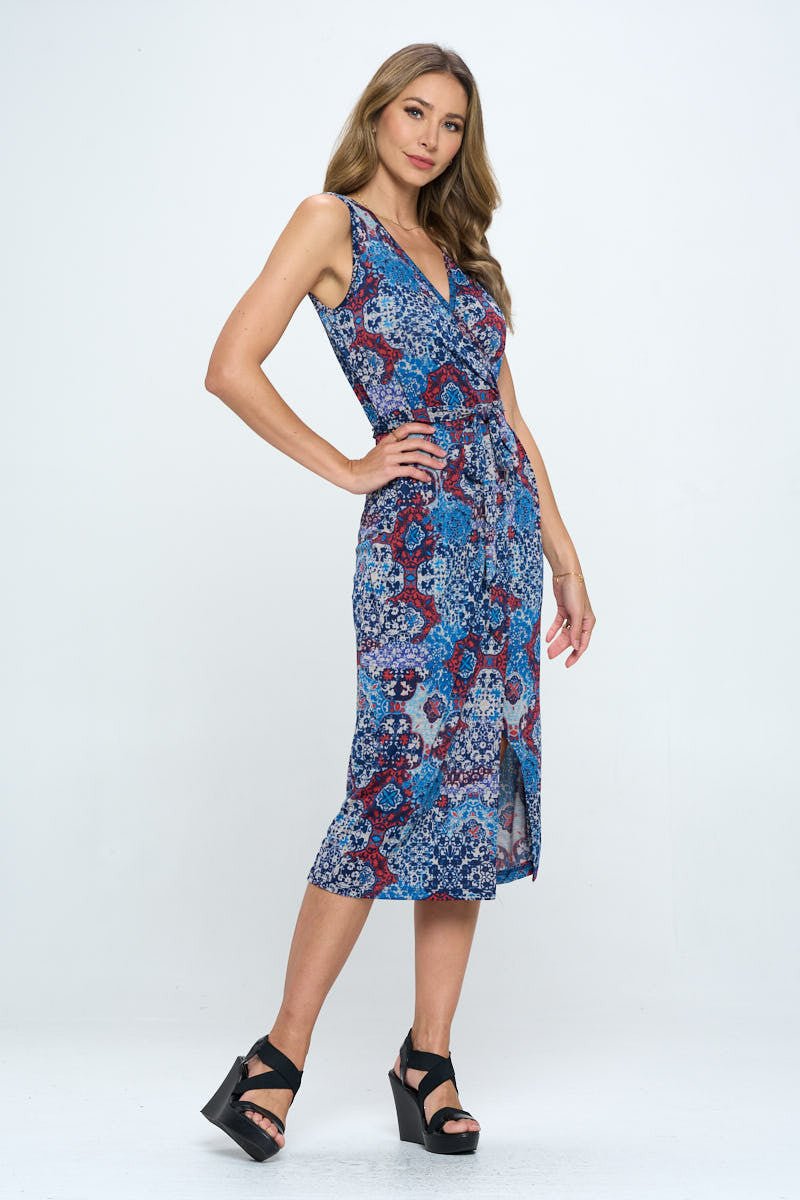 Print V neck Dress with Tie and Slit - Shellcreations