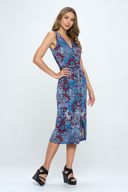 Print V neck Dress with Tie and Slit - Shellcreations
