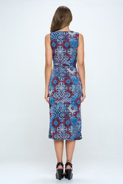 Print V neck Dress with Tie and Slit - Shellcreations