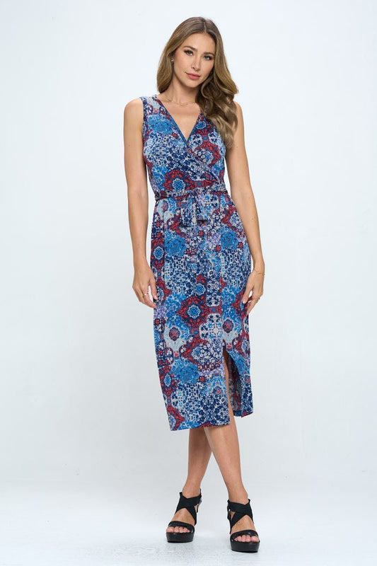 Print V neck Dress with Tie and Slit - Shellcreations