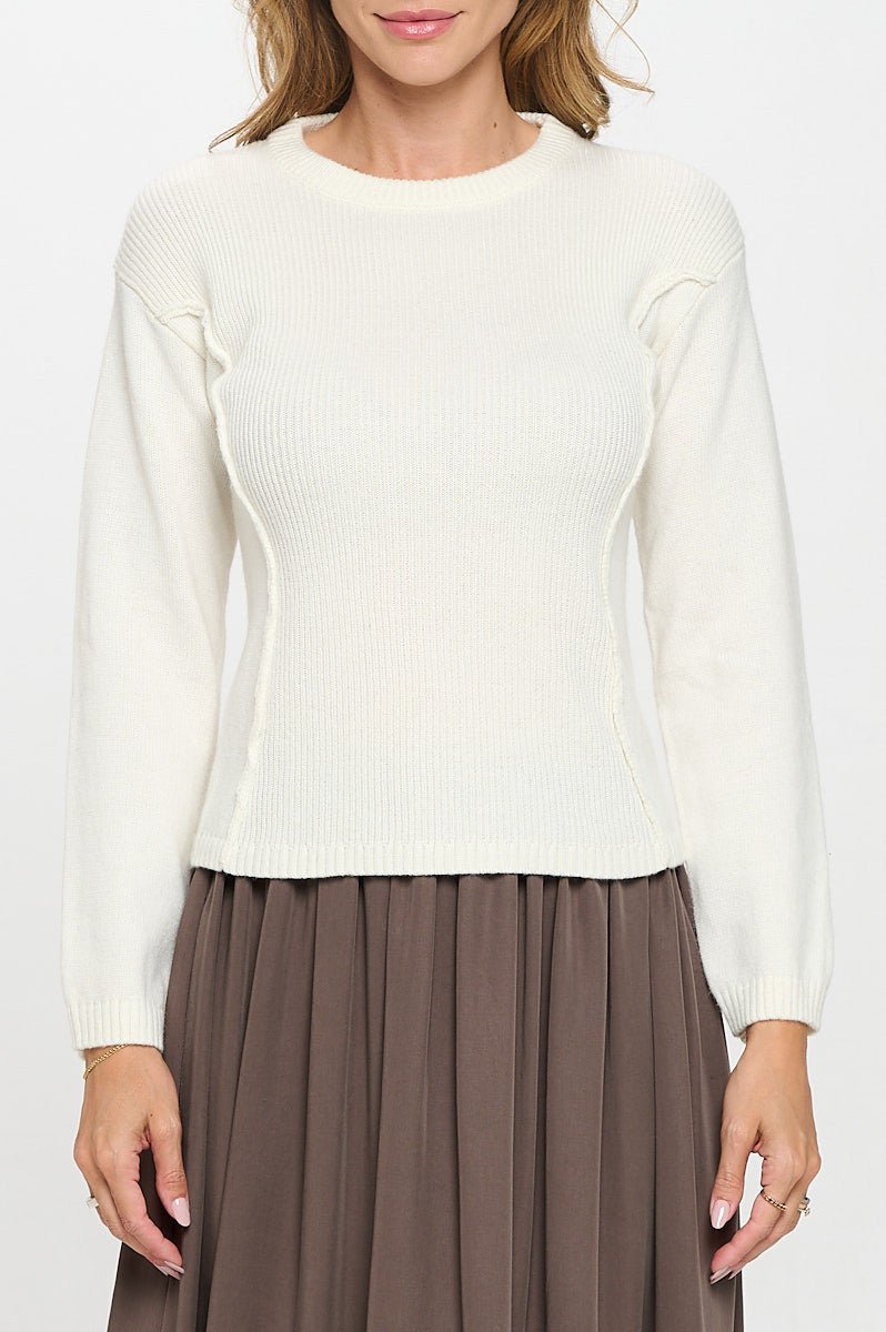 Rib Knit Solid Long Sleeve Pullover Sweater - Shellcreations