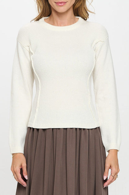 Rib Knit Solid Long Sleeve Pullover Sweater - Shellcreations