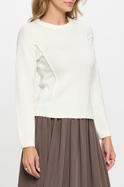 Rib Knit Solid Long Sleeve Pullover Sweater - Shellcreations