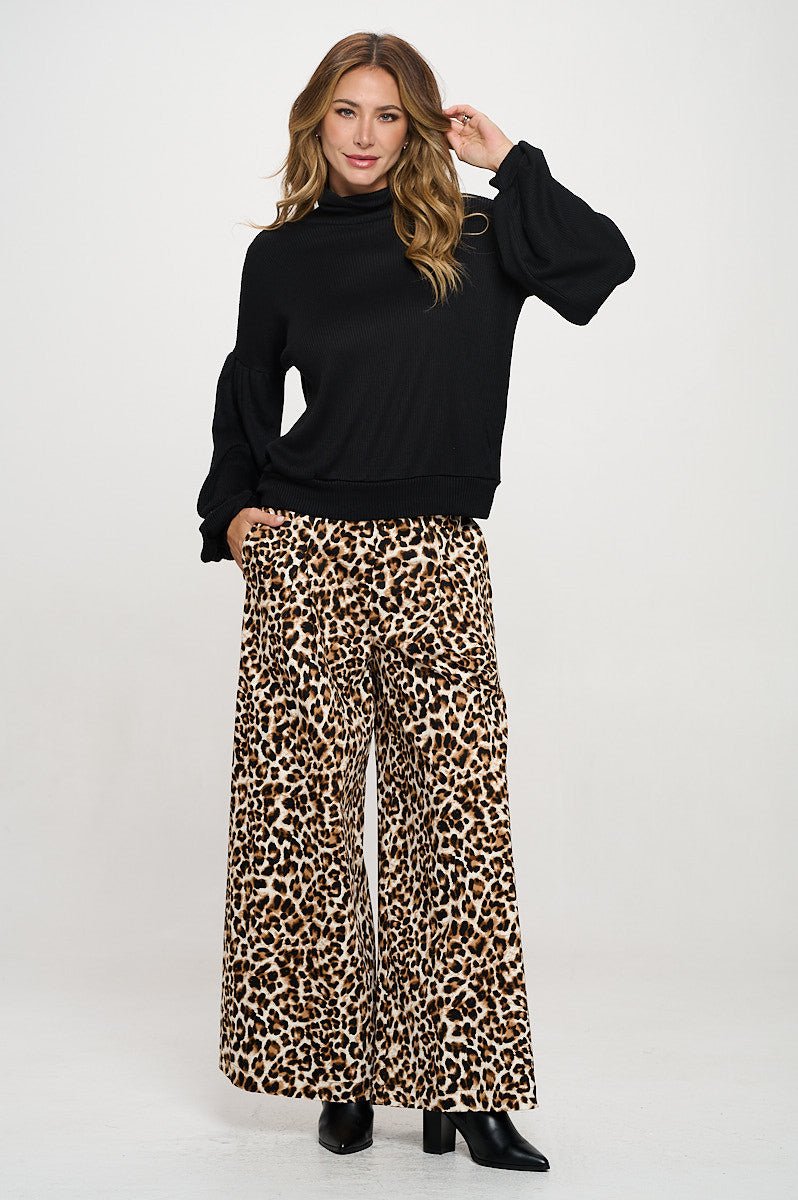 Rib Knit Turtleneck Top with Balloon Cuffed Sleeve - Shellcreations