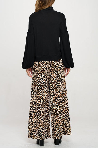 Rib Knit Turtleneck Top with Balloon Cuffed Sleeve - Shellcreations