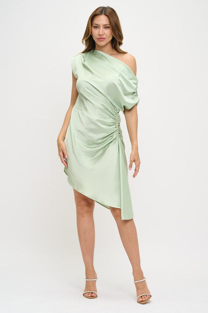 Satin Asymmetrical Off the Shoulder Ruched Dress - Shellcreations