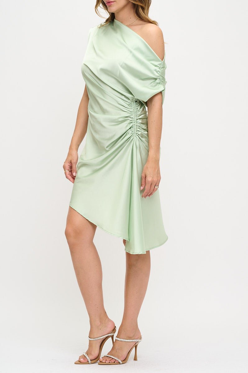 Satin Asymmetrical Off the Shoulder Ruched Dress - Shellcreations