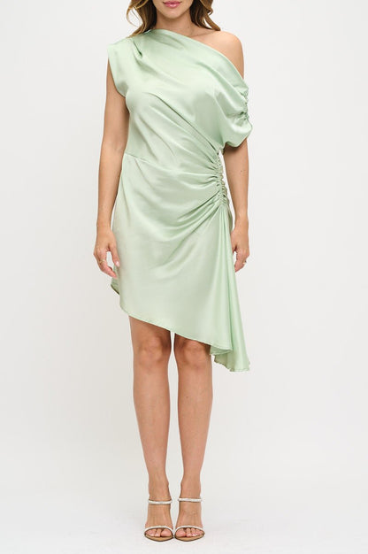 Satin Asymmetrical Off the Shoulder Ruched Dress - Shellcreations