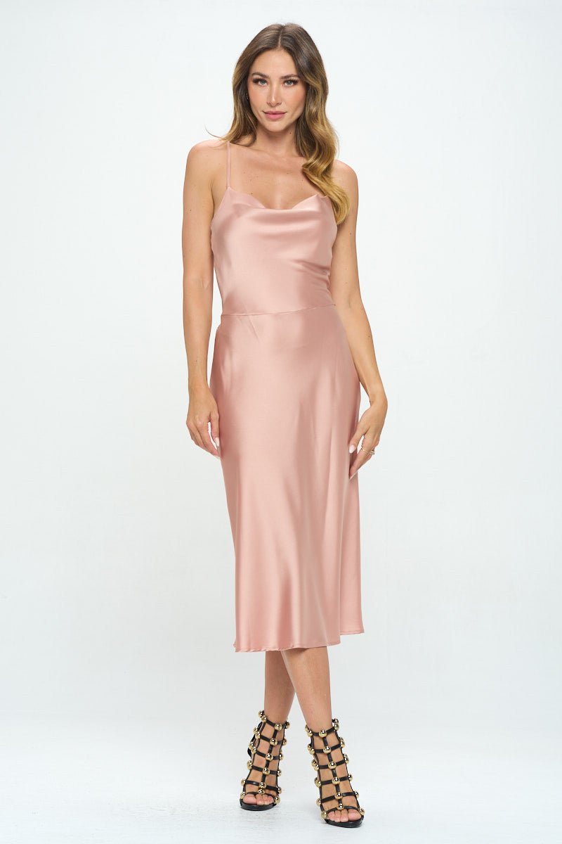 Satin Bias Midi Dress with Criss Cross Back - Shellcreations