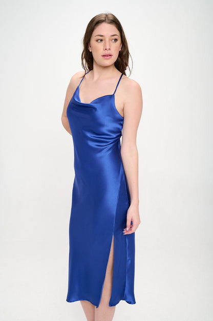 Satin Bias Slip Dress with Slit - Shellcreations