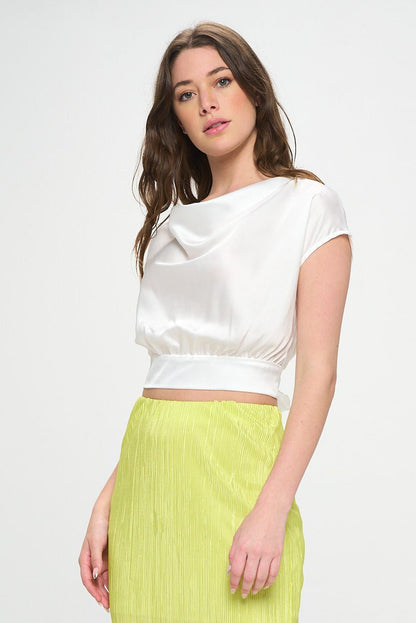 Satin Cowl Neck Short Sleeve Crop Top with Open Back Detail and Tie - Shellcreations