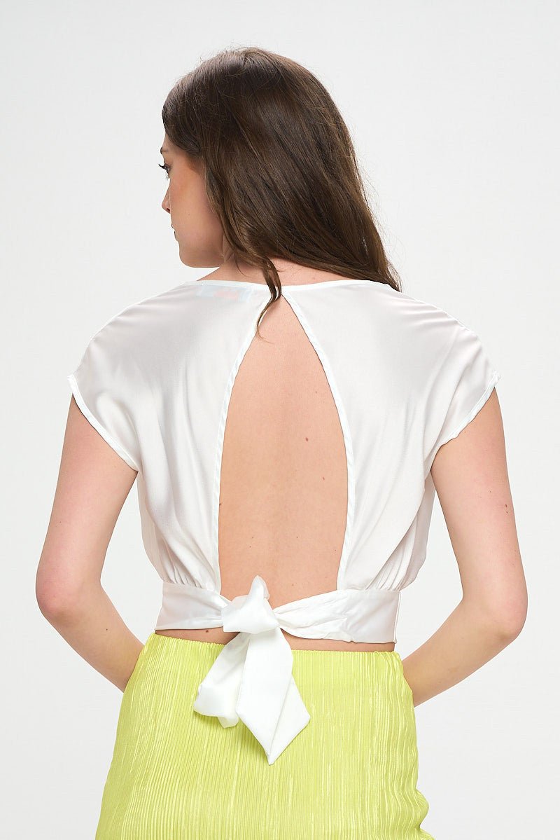 Satin Cowl Neck Short Sleeve Crop Top with Open Back Detail and Tie - Shellcreations
