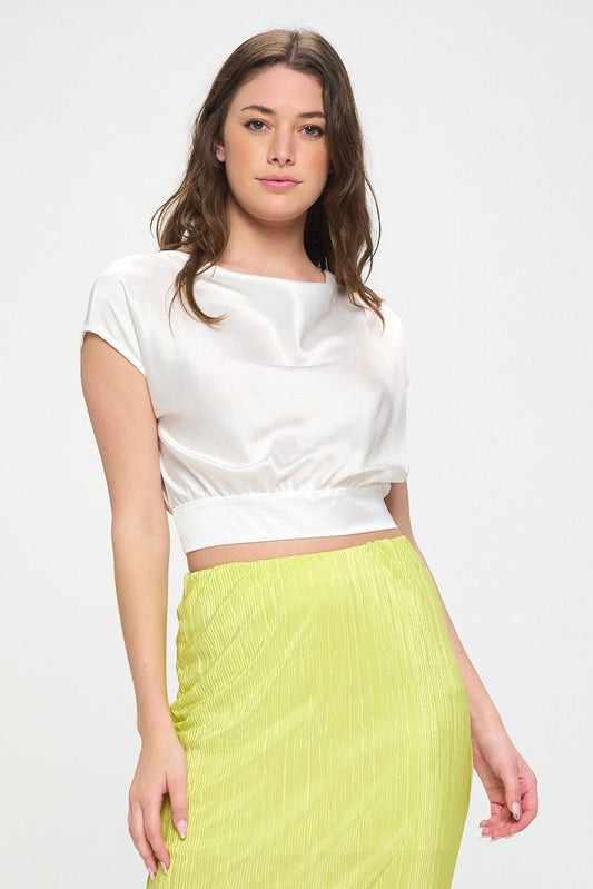 Satin Cowl Neck Short Sleeve Crop Top with Open Back Detail and Tie - Shellcreations