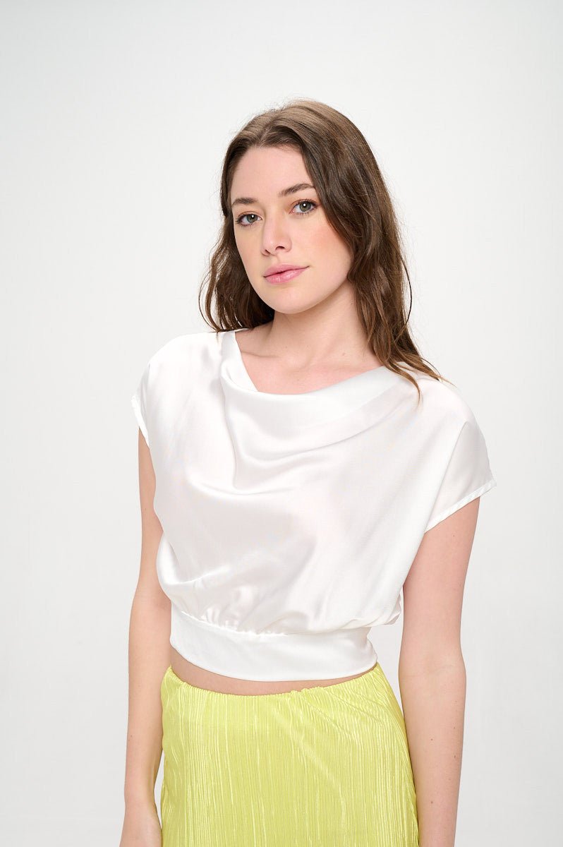Satin Cowl Neck Short Sleeve Crop Top with Open Back Detail and Tie - Shellcreations