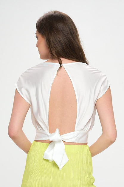 Satin Cowl Neck Short Sleeve Crop Top with Open Back Detail and Tie - Shellcreations
