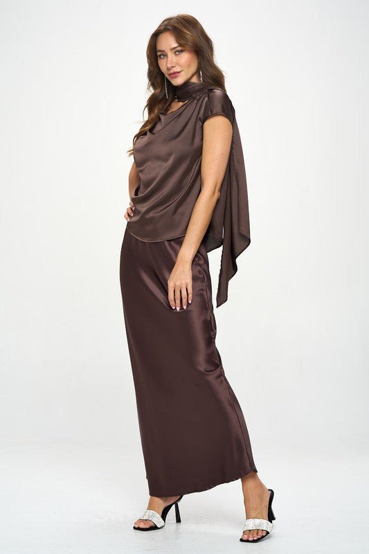 Satin Cowl Neck Short Sleeve Top with Scarf Detail - Shellcreations