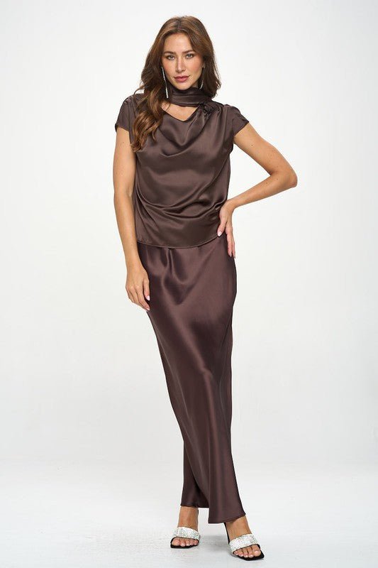 Satin Cowl Neck Short Sleeve Top with Scarf Detail - Shellcreations