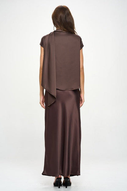 Satin Cowl Neck Short Sleeve Top with Scarf Detail - Shellcreations