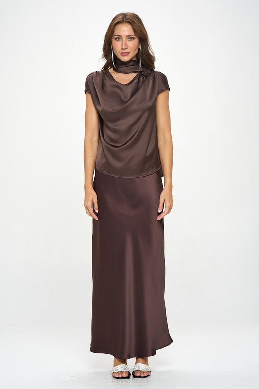 Satin Cowl Neck Short Sleeve Top with Scarf Detail - Shellcreations