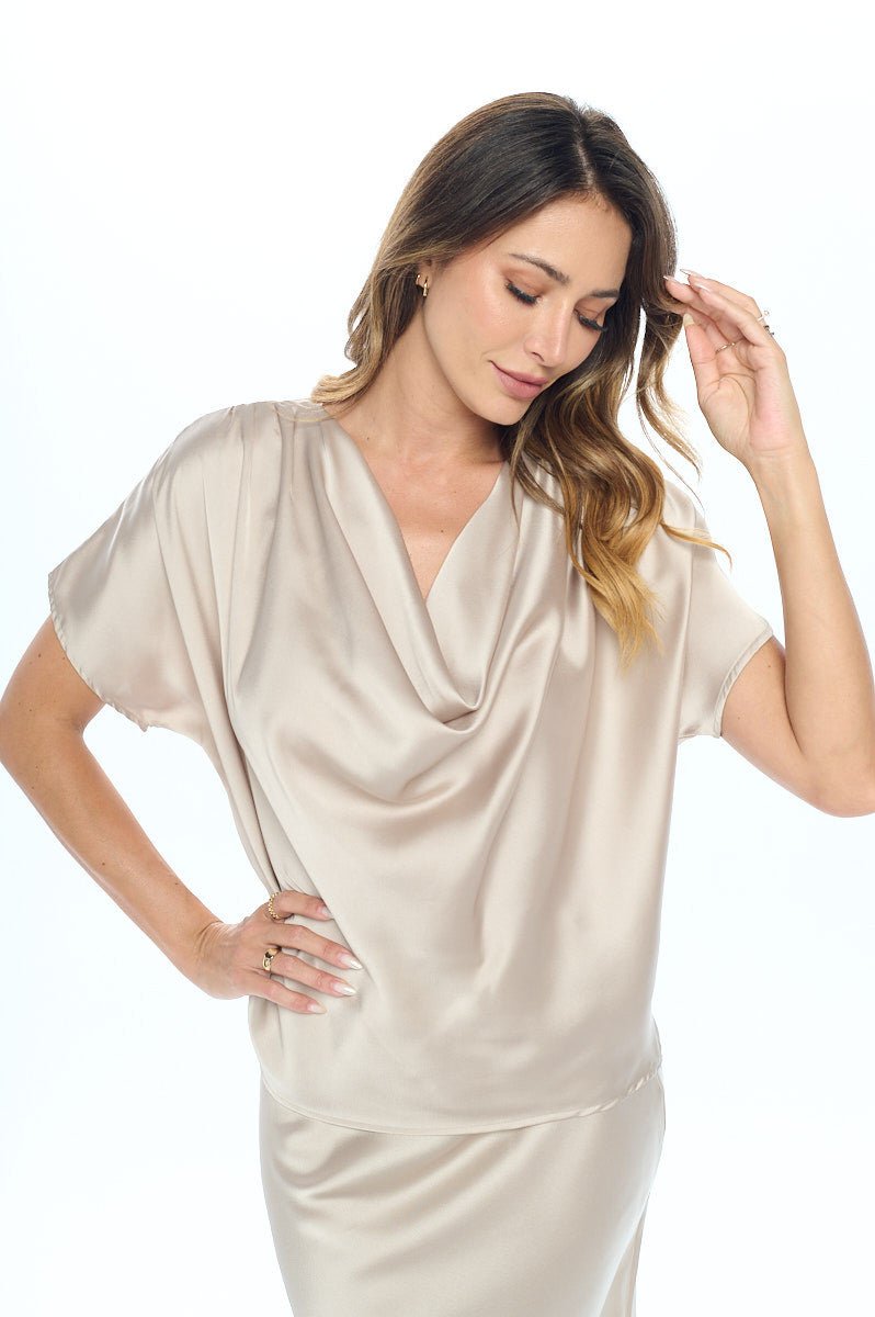 Satin Cowl Neck Short Sleeve Top - Shellcreations