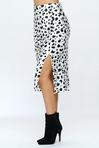 Satin Leopard Print Midi Skirt with Slit - Shellcreations