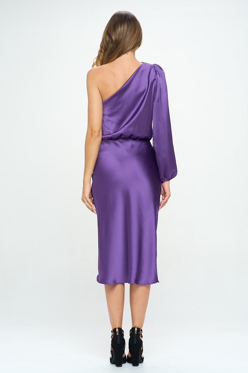 Satin One Shoulder Bodycon Dress w/ Asymmetric Hem - Shellcreations