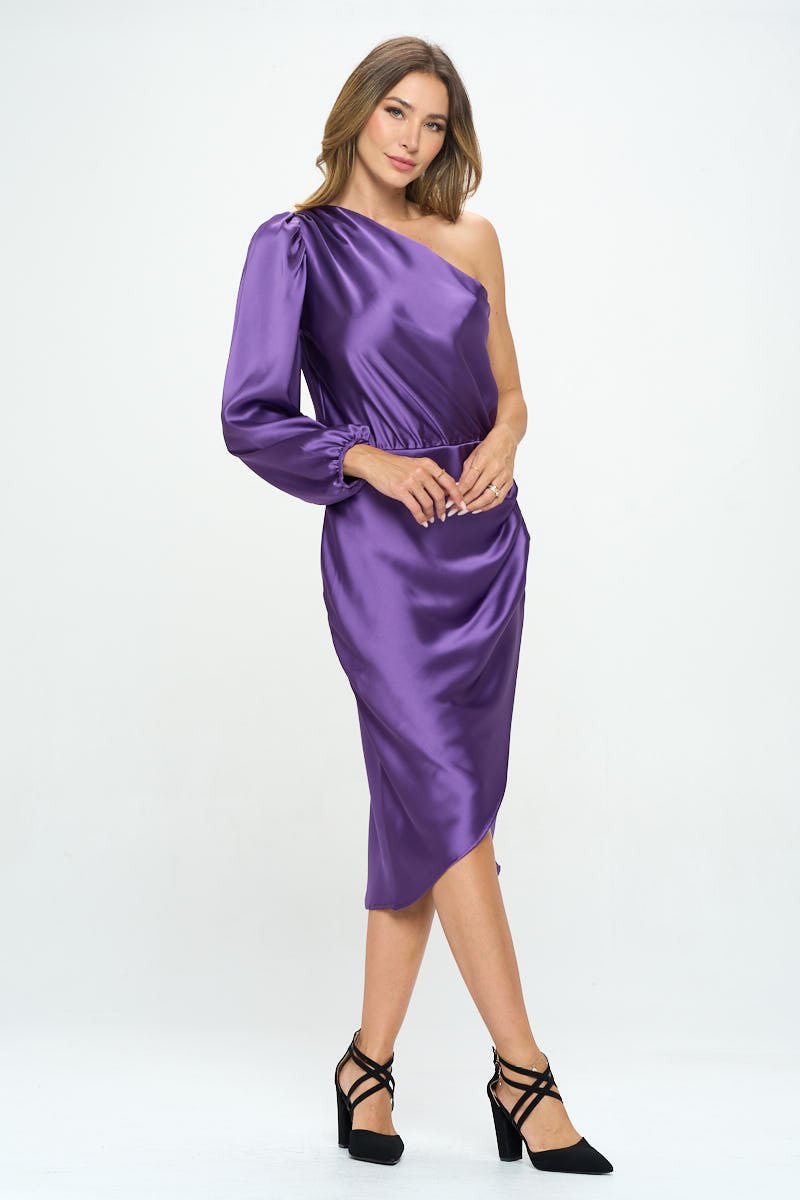 Satin One Shoulder Bodycon Dress w/ Asymmetric Hem - Shellcreations