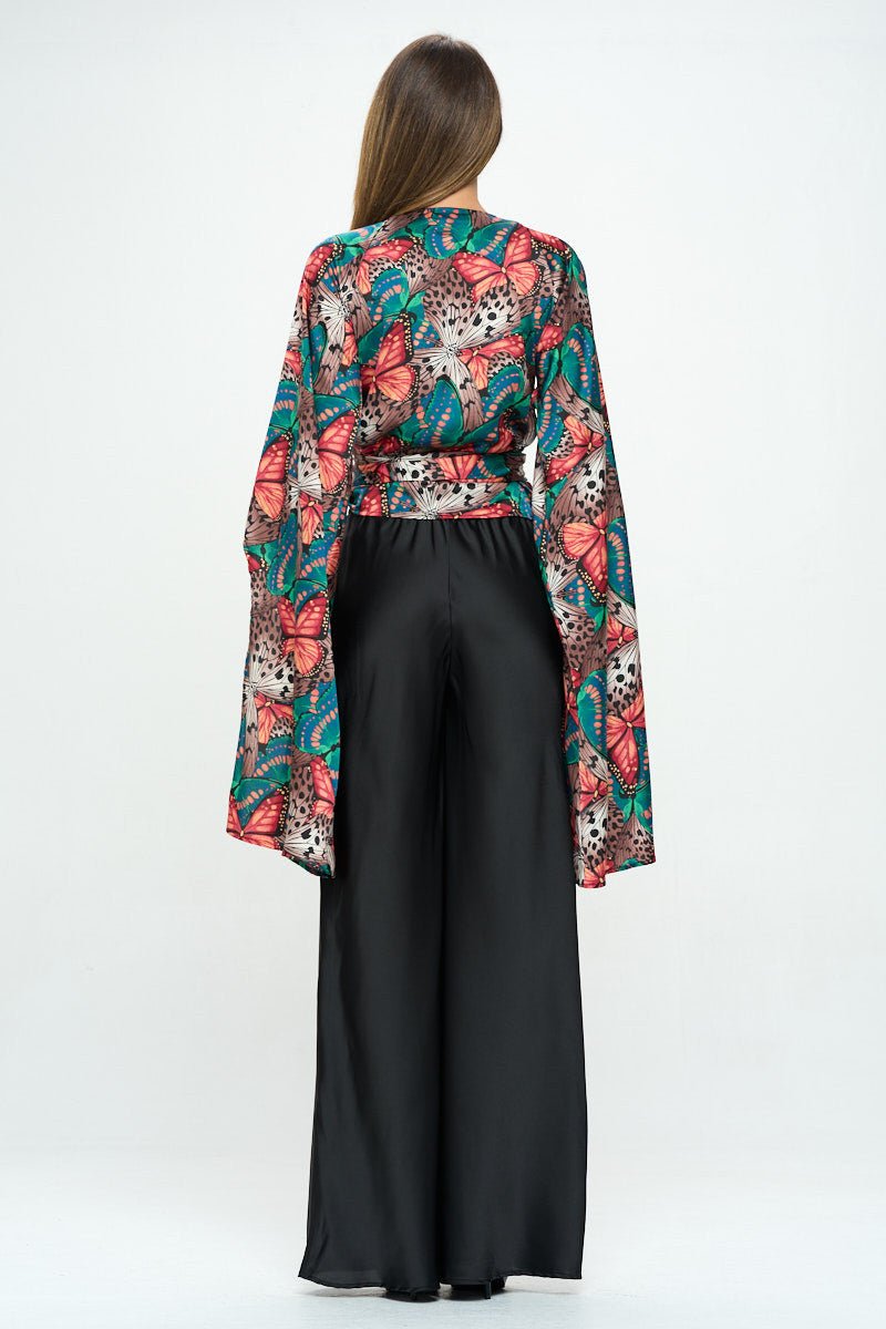 Satin Print Wrap Top with Exaggerated Sleeves - Shellcreations