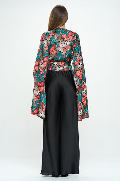 Satin Print Wrap Top with Exaggerated Sleeves - Shellcreations