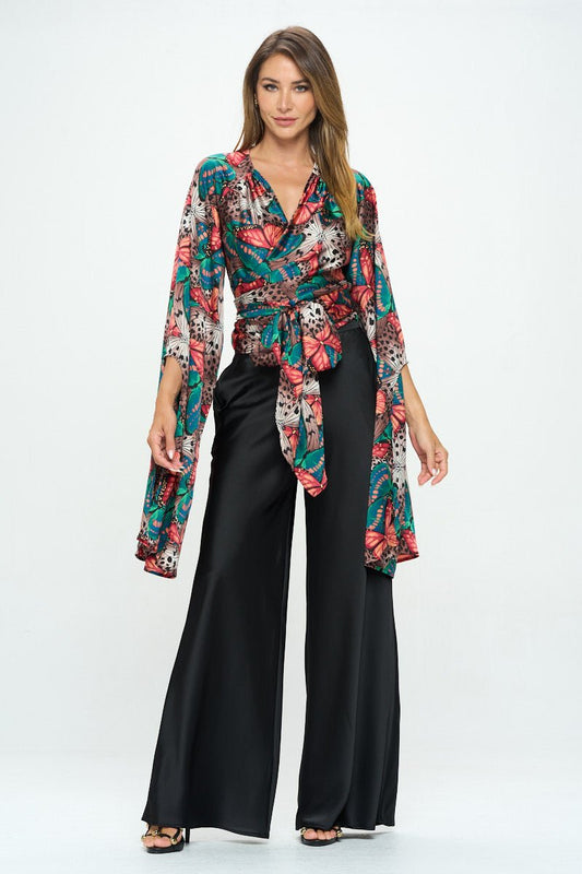 Satin Print Wrap Top with Exaggerated Sleeves - Shellcreations