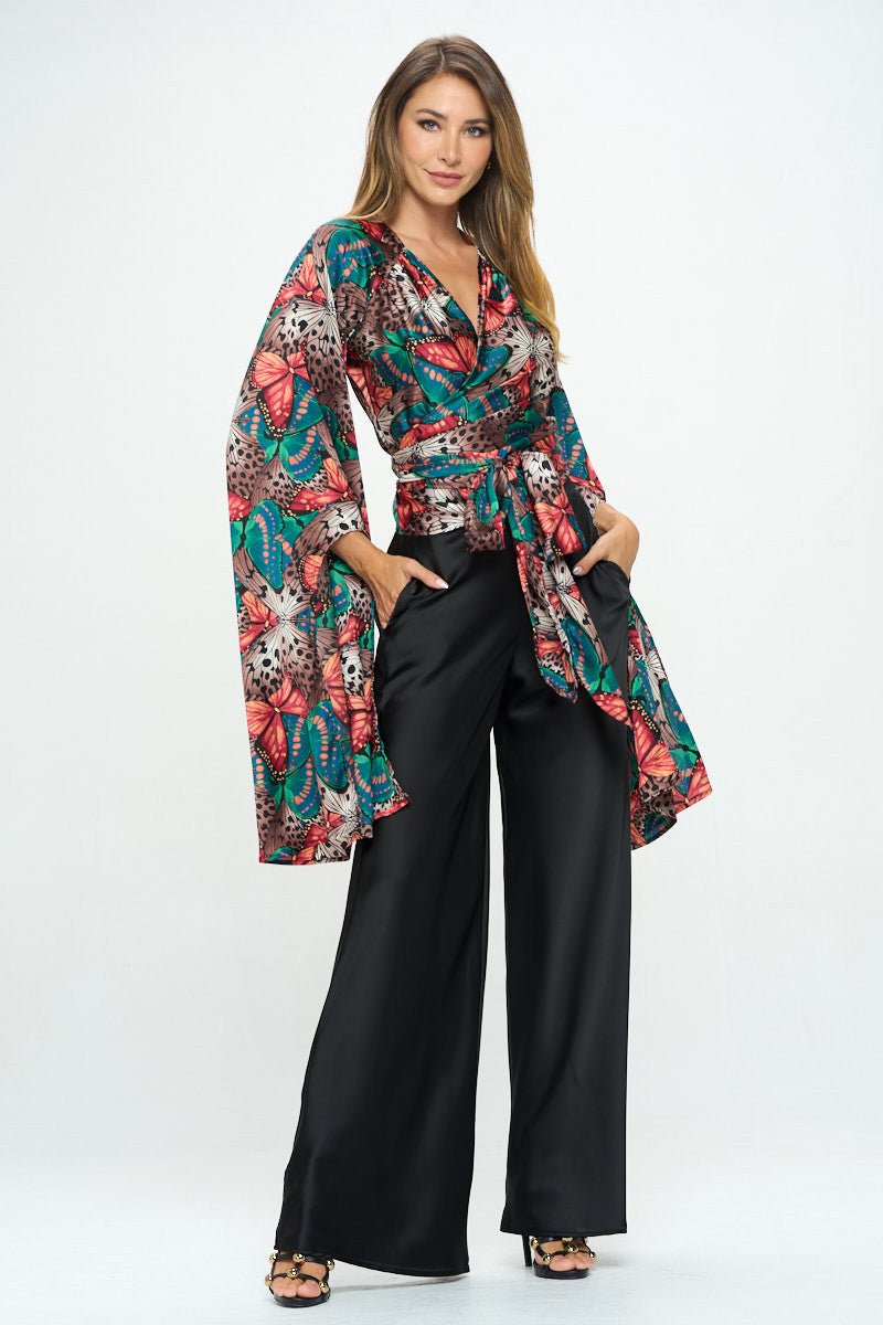 Satin Print Wrap Top with Exaggerated Sleeves - Shellcreations