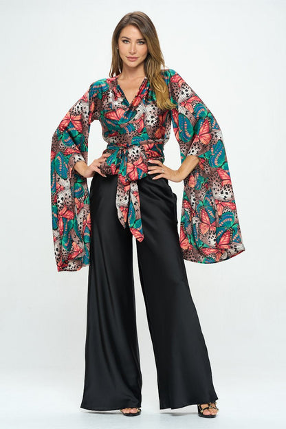 Satin Print Wrap Top with Exaggerated Sleeves - Shellcreations