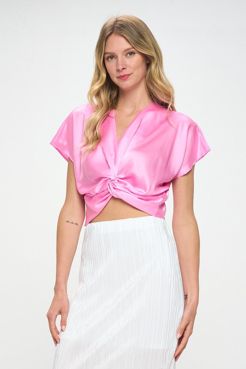Satin Short Sleeve Top with Front Twist - Shellcreations