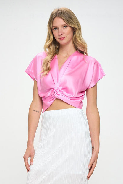 Satin Short Sleeve Top with Front Twist - Shellcreations