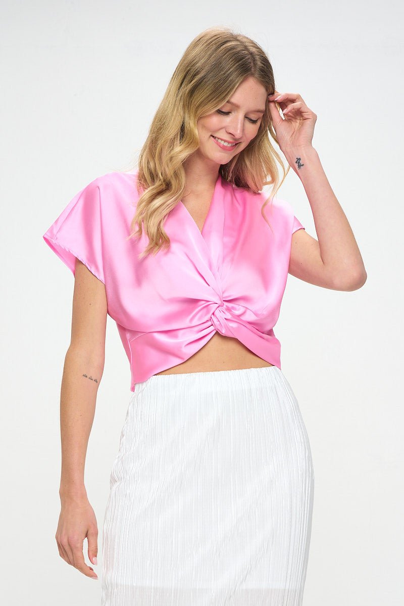 Satin Short Sleeve Top with Front Twist - Shellcreations