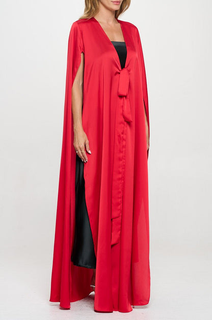 Satin Solid Draped Long Kimono Cardigan with Front Tie - Shellcreations