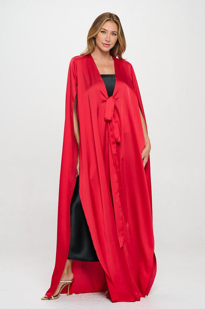 Satin Solid Draped Long Kimono Cardigan with Front Tie - Shellcreations