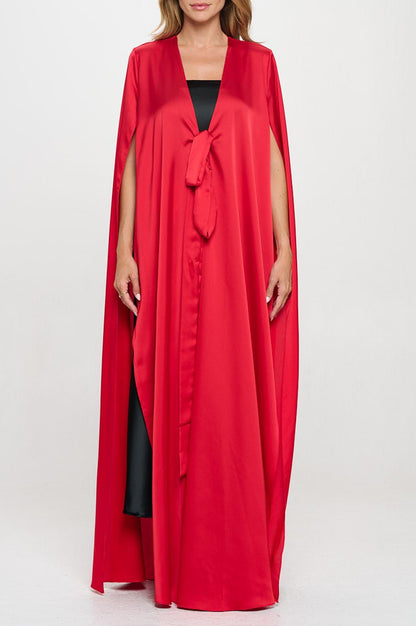 Satin Solid Draped Long Kimono Cardigan with Front Tie - Shellcreations