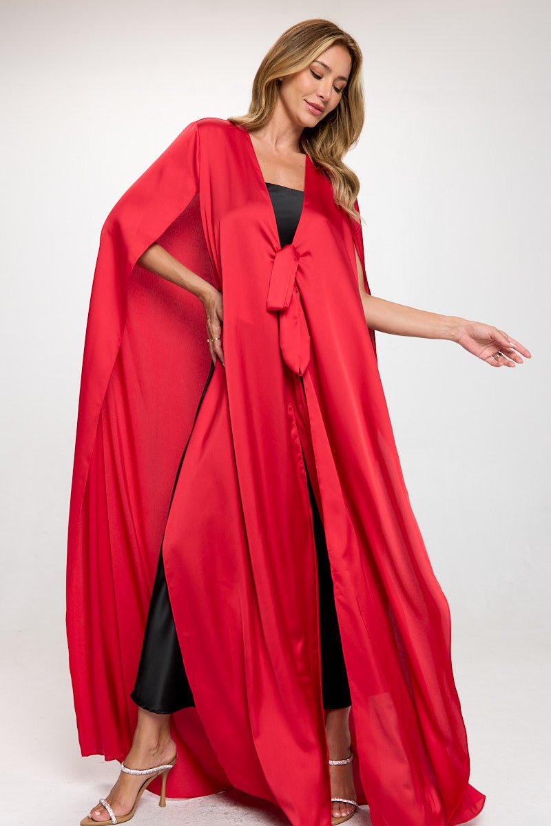 Satin Solid Draped Long Kimono Cardigan with Front Tie - Shellcreations