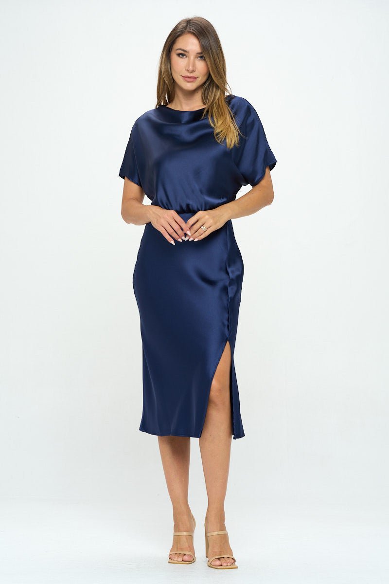 Satin Stretch Print Dress with Slit - Shellcreations